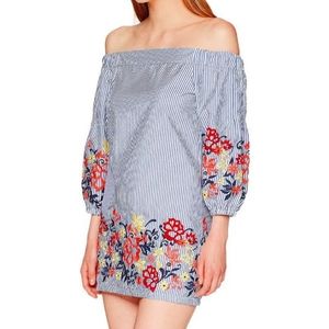Romeo + Juliet Couture embroidered blue striped off shoulder mini dress M $140